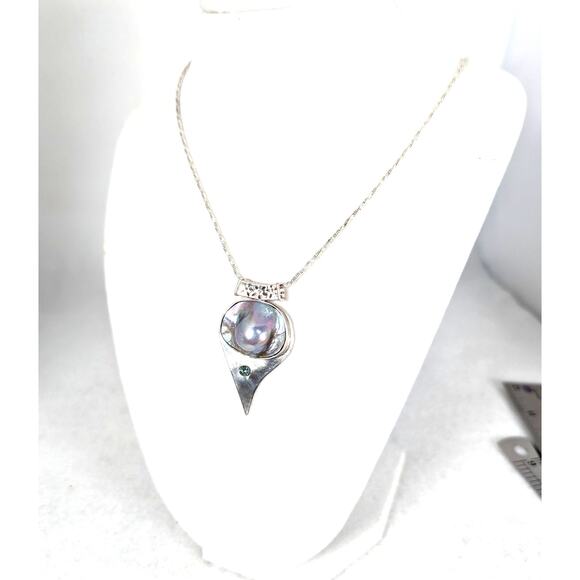 SS Mabe pearl+ blue zircon abstract pendant +19" chainPendant 11/4" x 2"Signed - Picture 2 of 8
